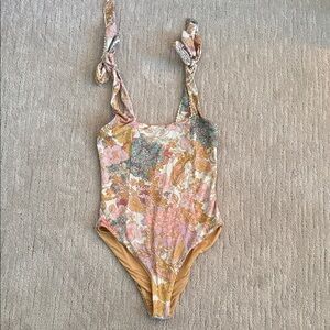 Beach Riot Floral Paisley Tie-Shoulder One-Piece Swimsuit in Pink, Gold, Green